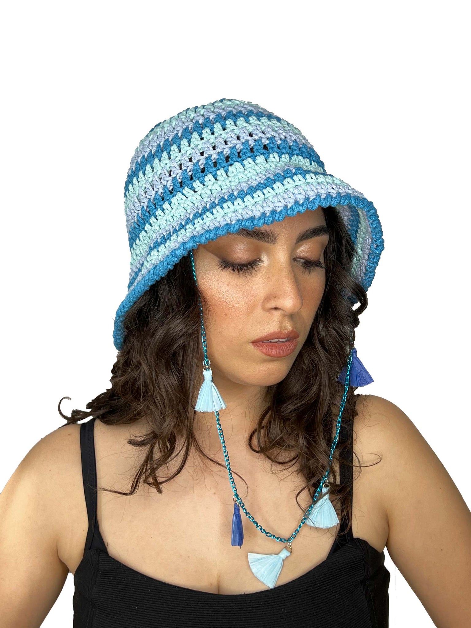 Light blue and grey striped crochet hat