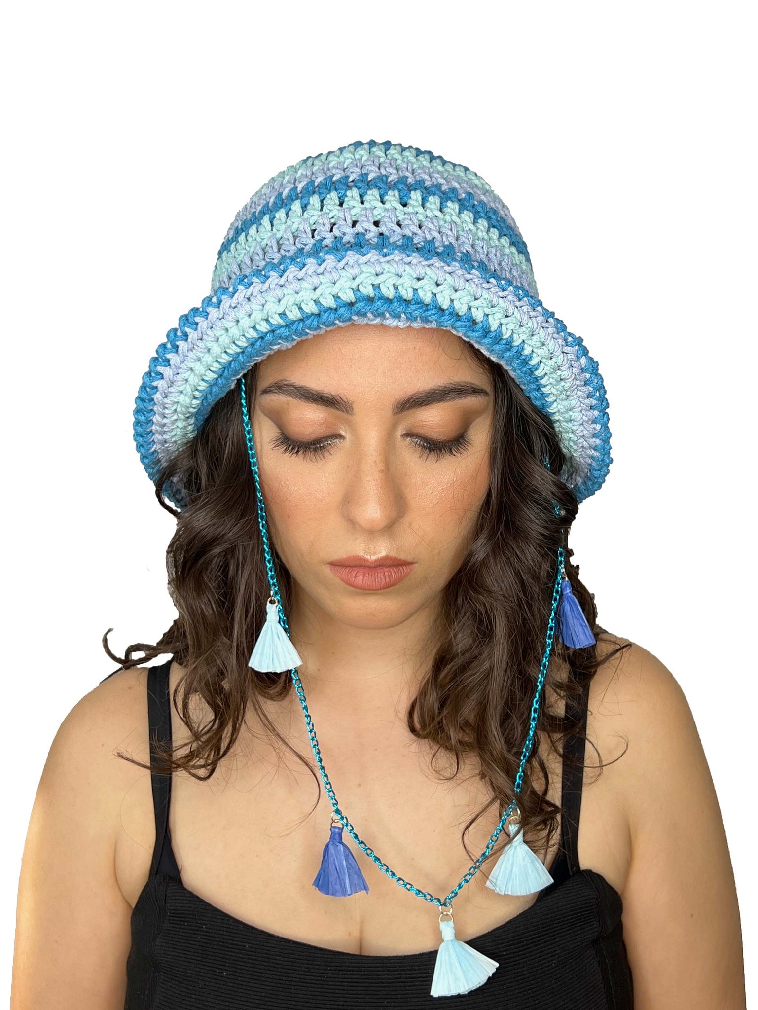 Light blue and grey striped crochet hat