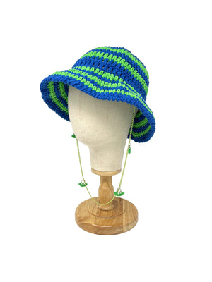 Blue and green striped crocheted bucket hat with chain