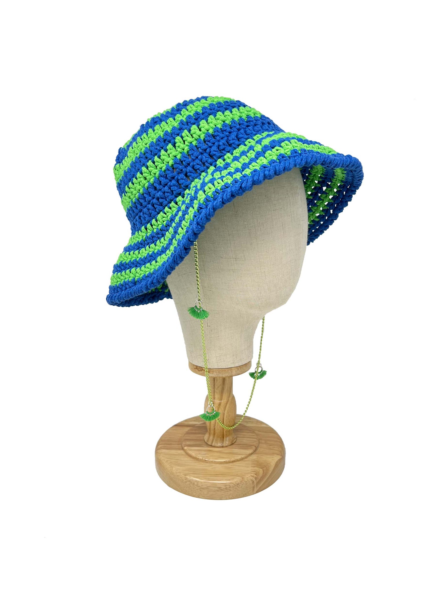 Blue and green striped crocheted bucket hat with chain