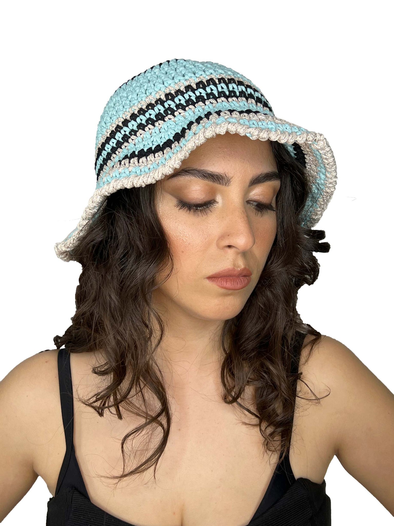 Light blue and black striped crocheted bucket hat