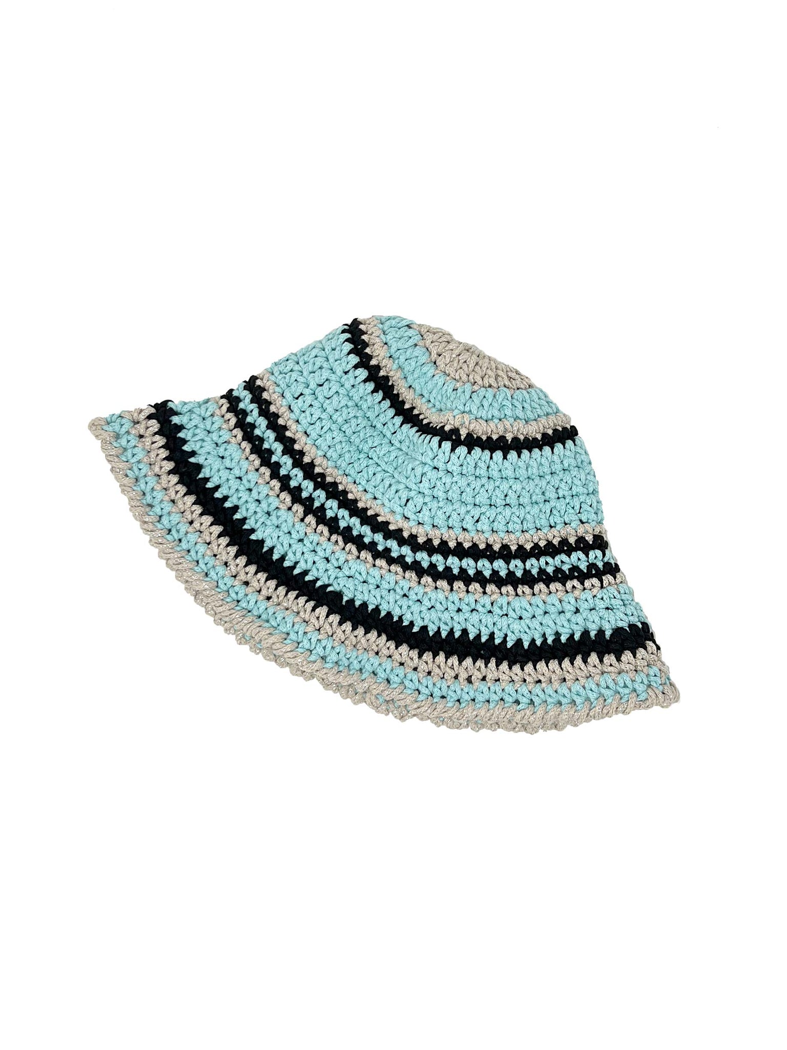 Light blue and black striped crocheted bucket hat