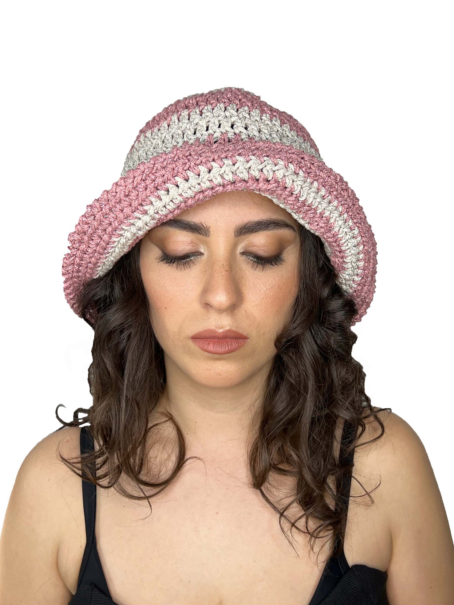 Pink and silver striped crocheted bucket hat
