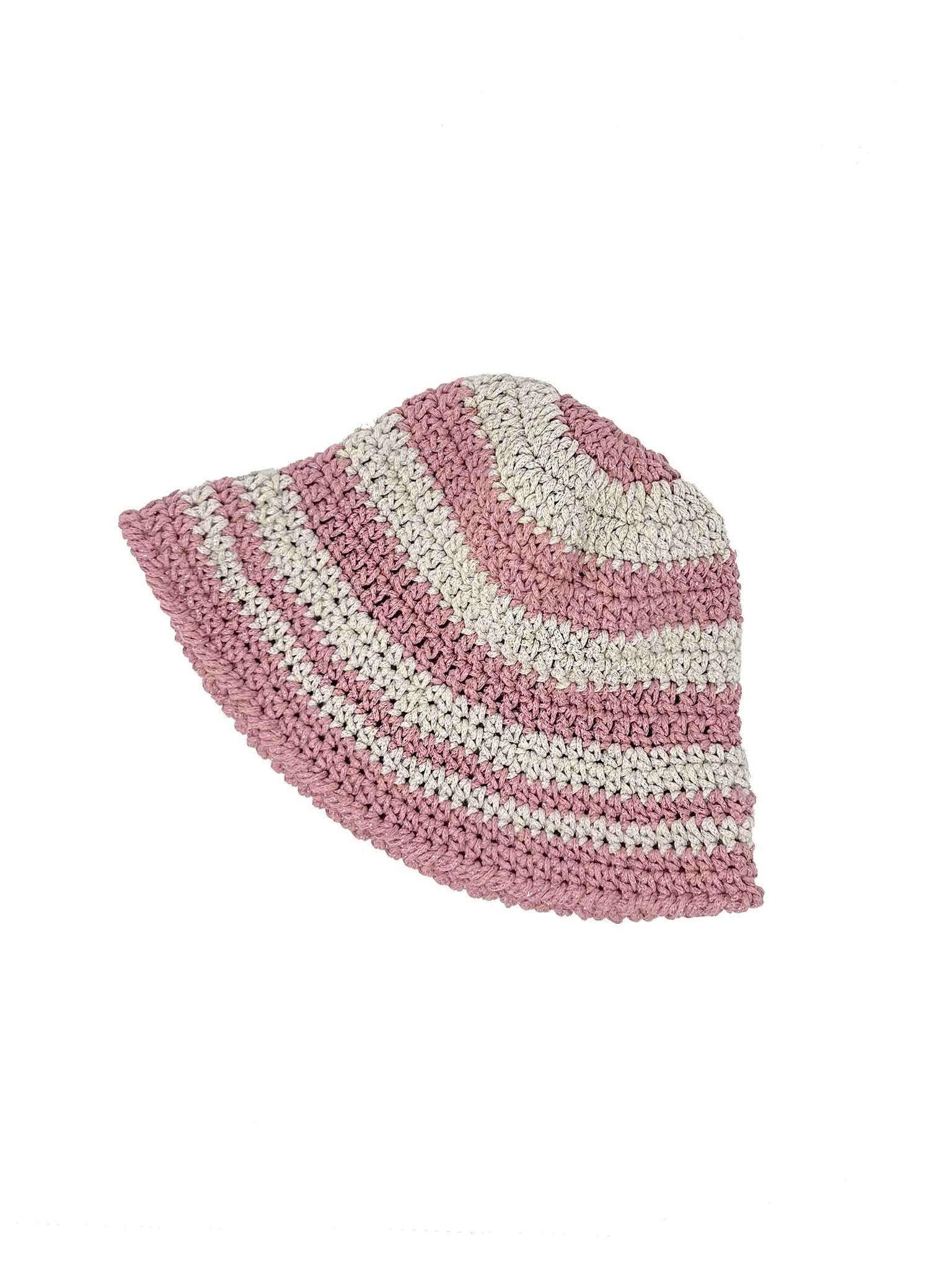 Pink and silver striped crocheted bucket hat