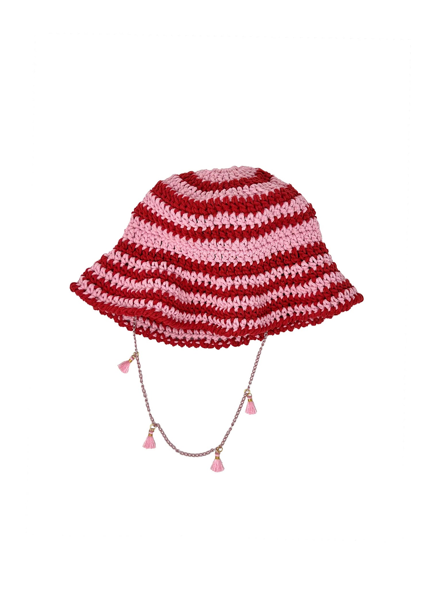 Pink and red striped crocheted bucket hat with chain