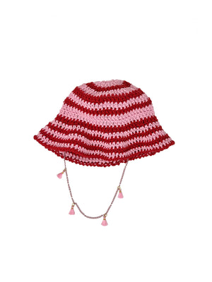 Pink and red striped crocheted bucket hat with chain