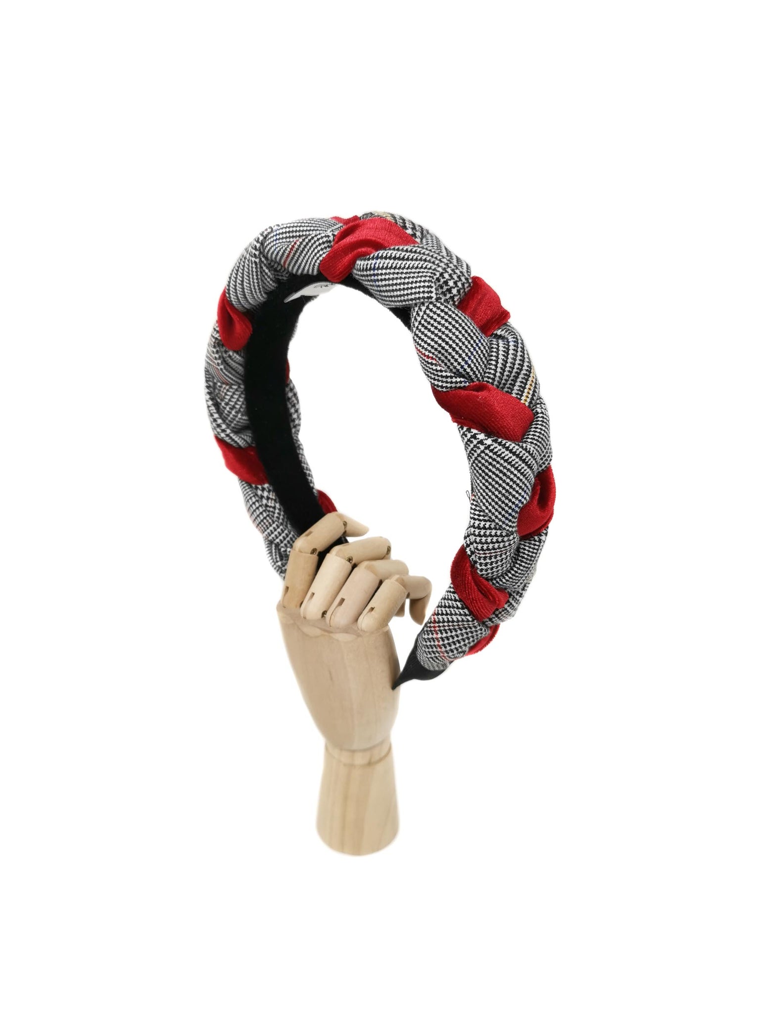 "Frida" grey tartan and red velvet braided hairband