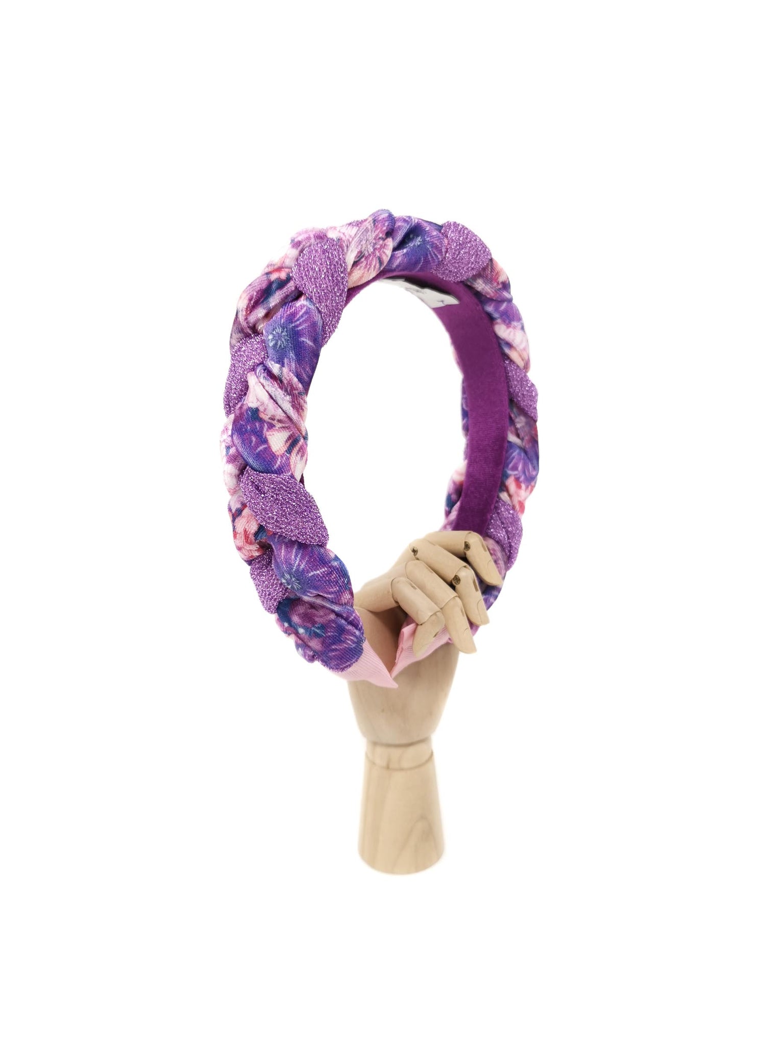 Frida headband with purple flower-patterned velvet braid and lilac lurex