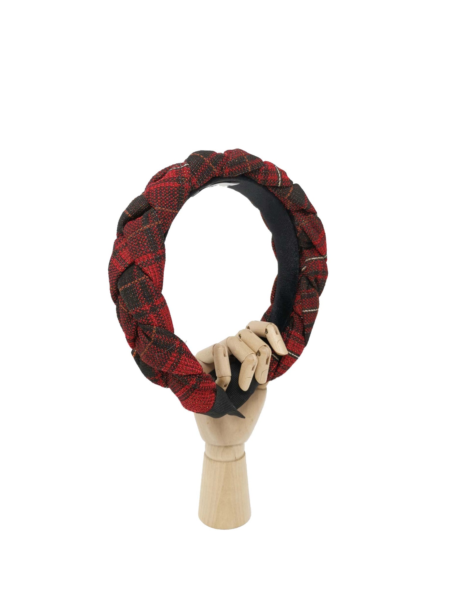 Cerchietto "Frida" intrecciato in lana tartan laminato rosso e nero