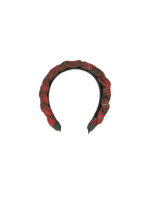 Cerchietto "Frida" intrecciato in lana tartan laminato rosso e nero