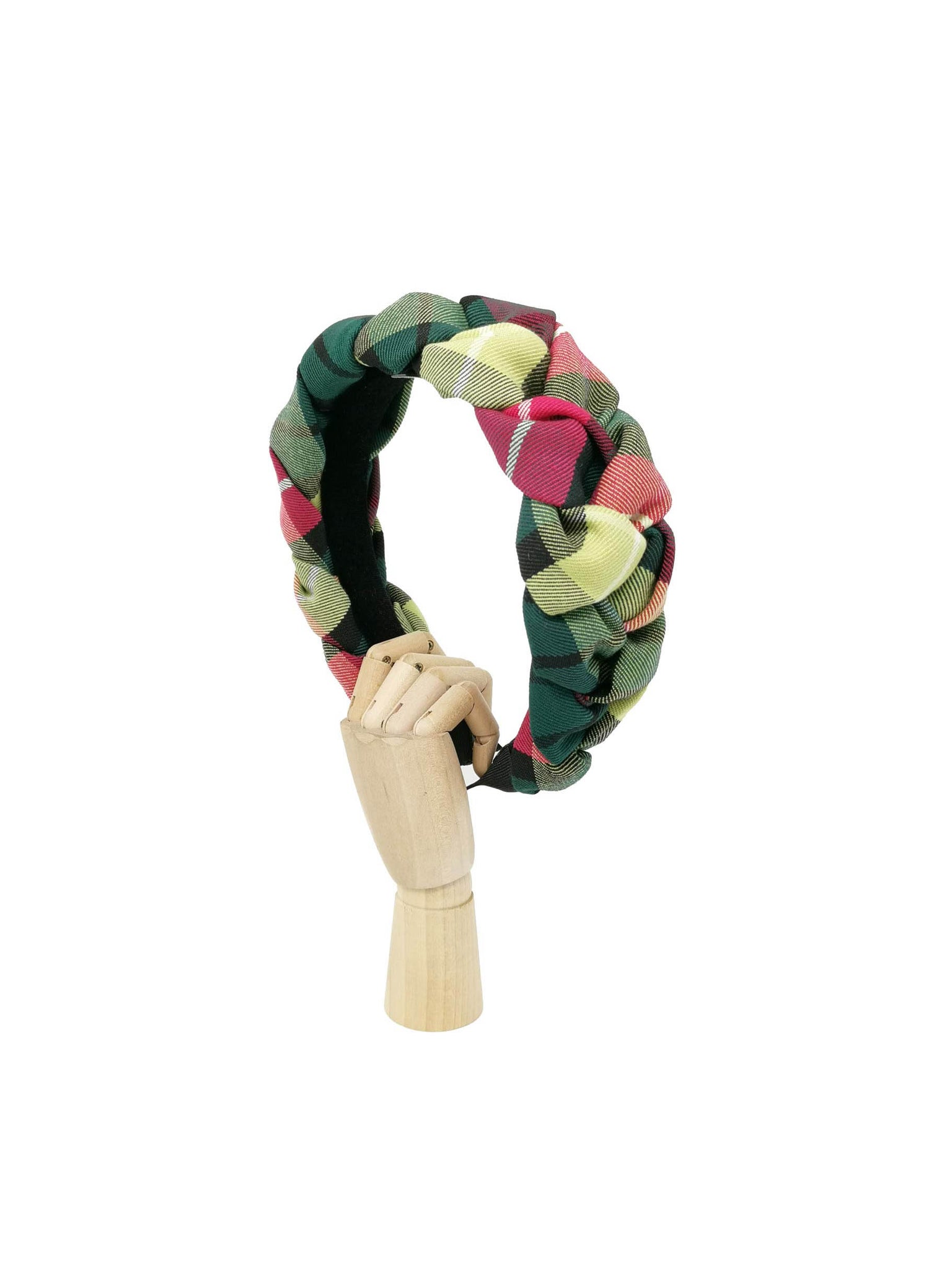 "Frida" green and fuxia tartan wool braided hairband