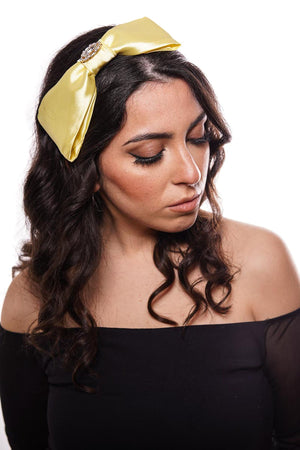 Yellow satin bow hairband with special brooch
