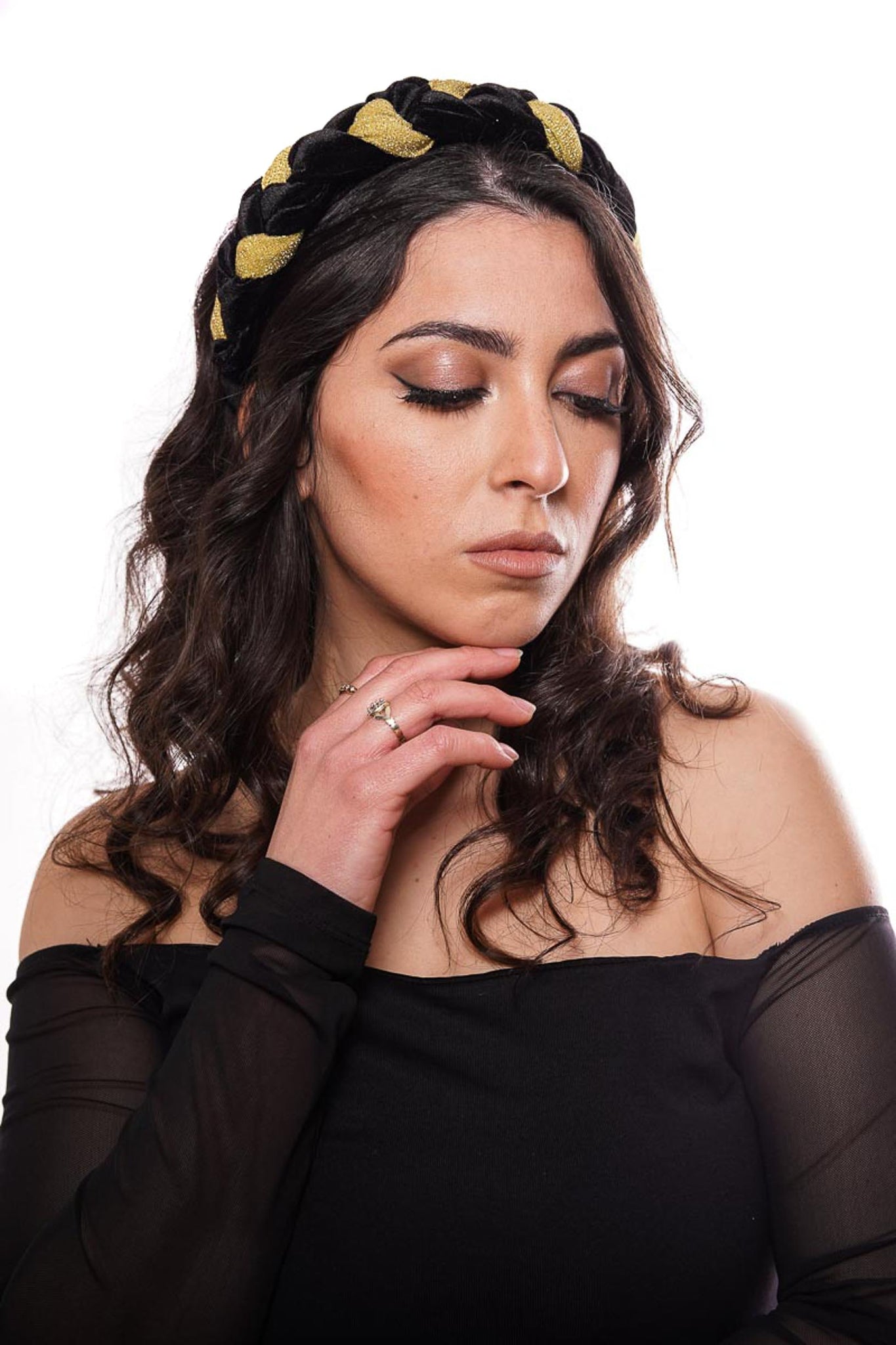 Cerchietto "Frida" in velluto nero e lurex giallo
