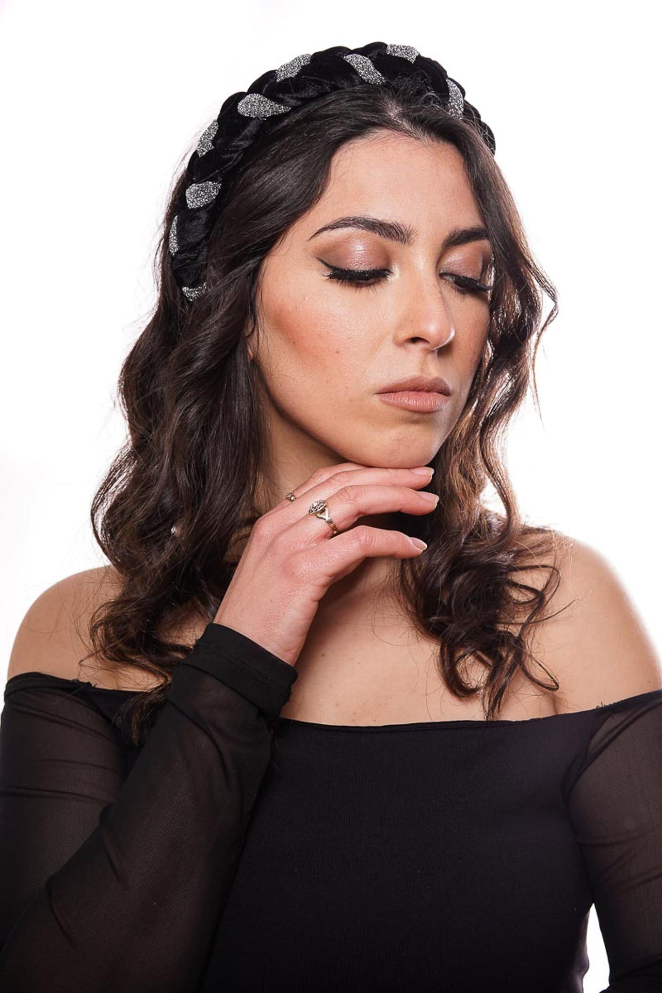 "Frida" black velvet and dark silver lurex hairband