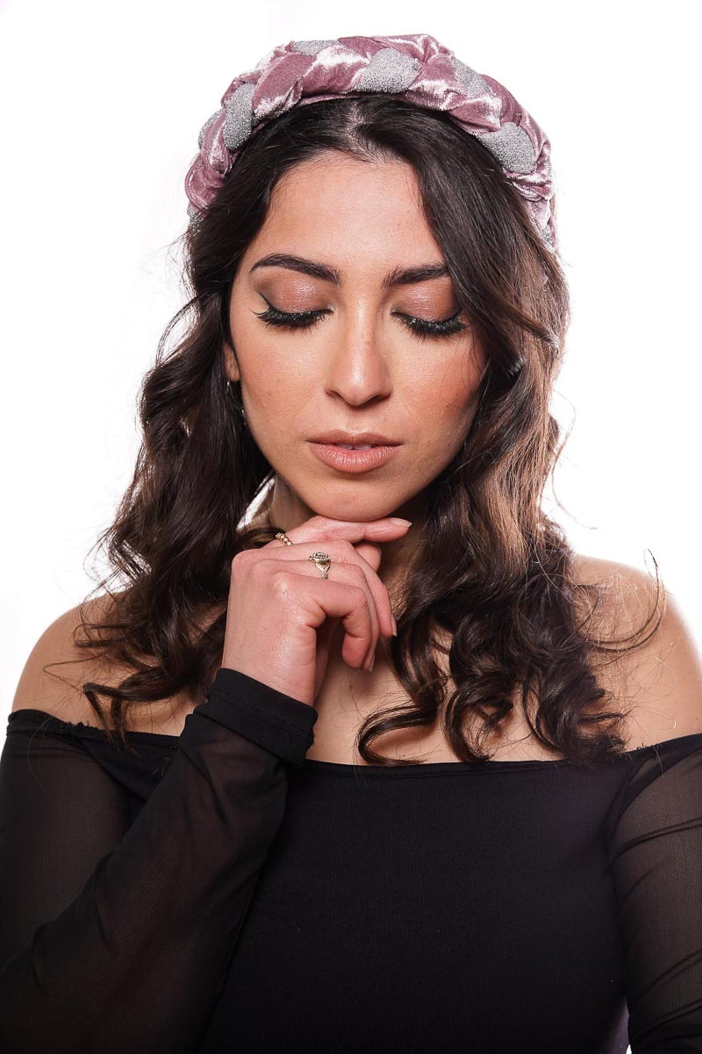 "Frida" hairband with pearl pink velvet braid and light silver lurex