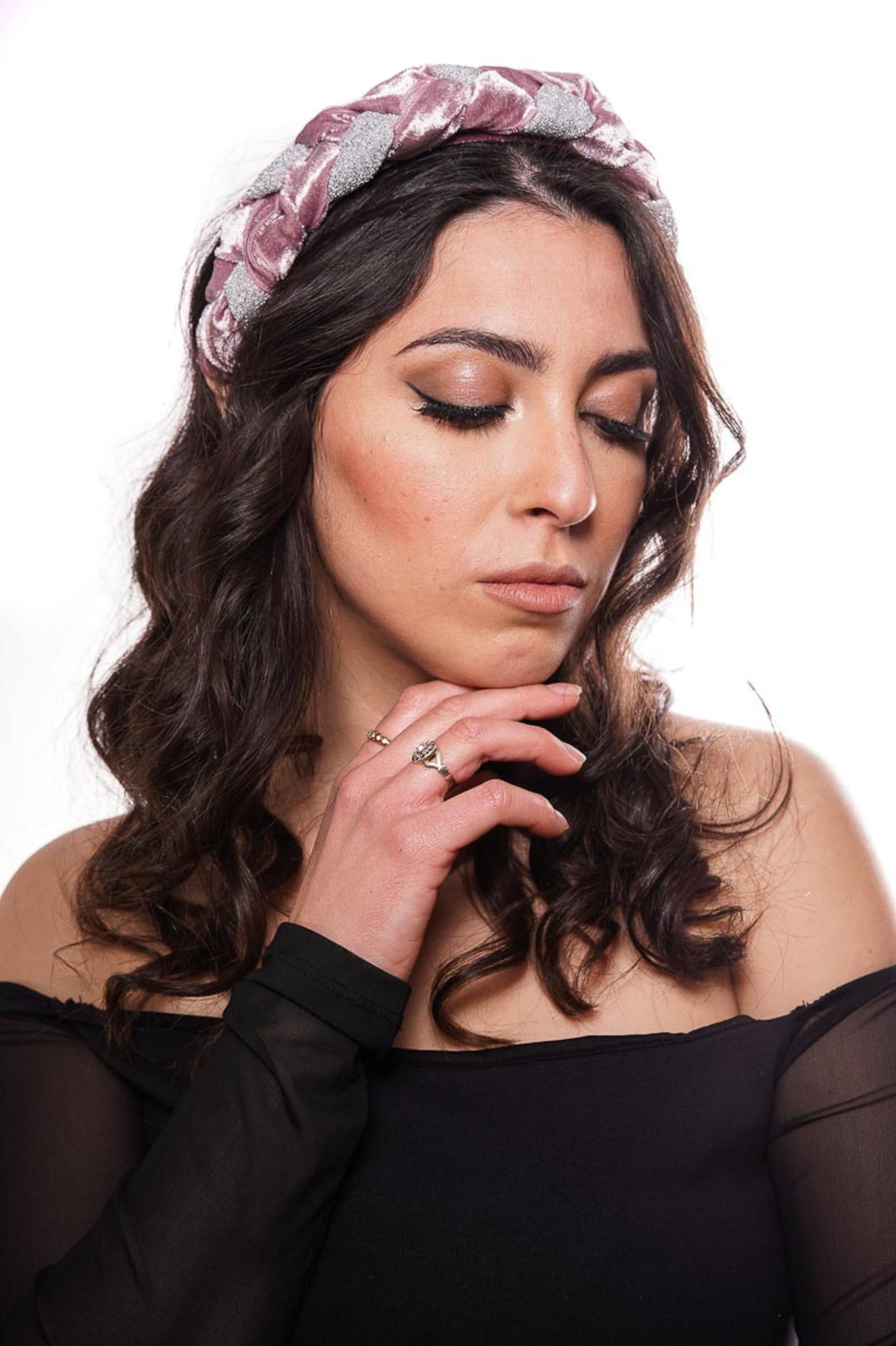 "Frida" hairband with pearl pink velvet braid and light silver lurex