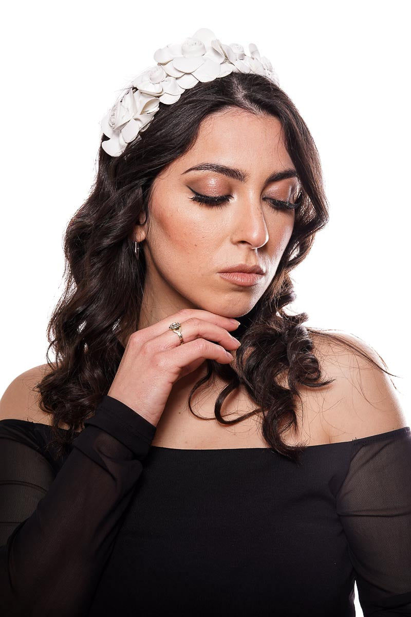Faux leather bridal headband with flowers