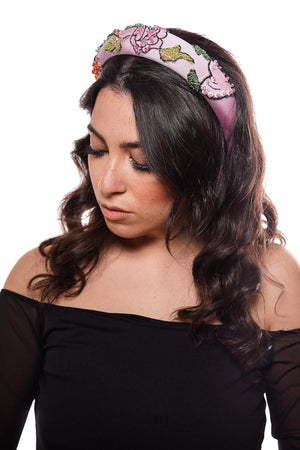 Pink jersey padded hairband with embroidered cotton applications