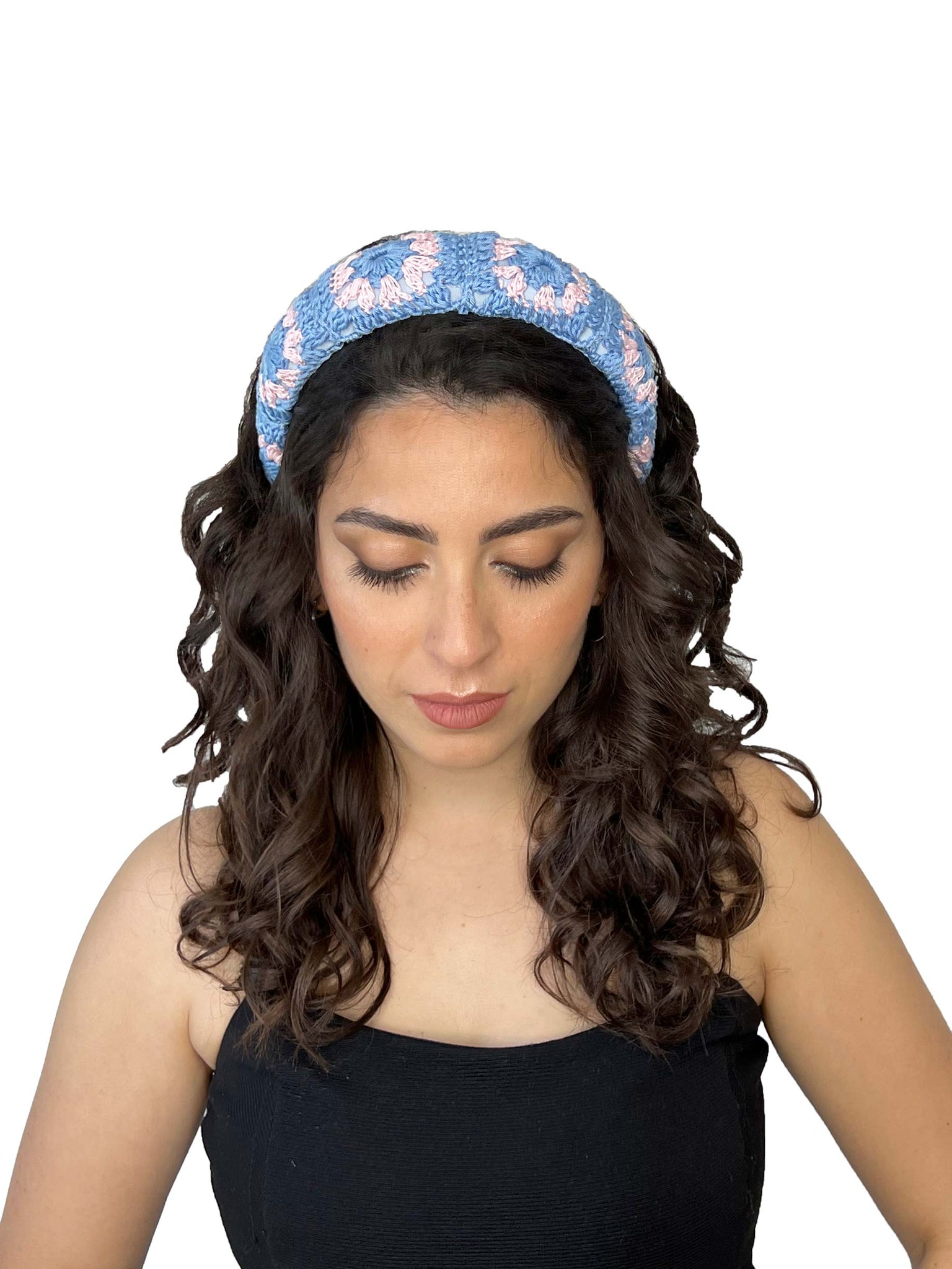 Light blue and pink crochet hairband