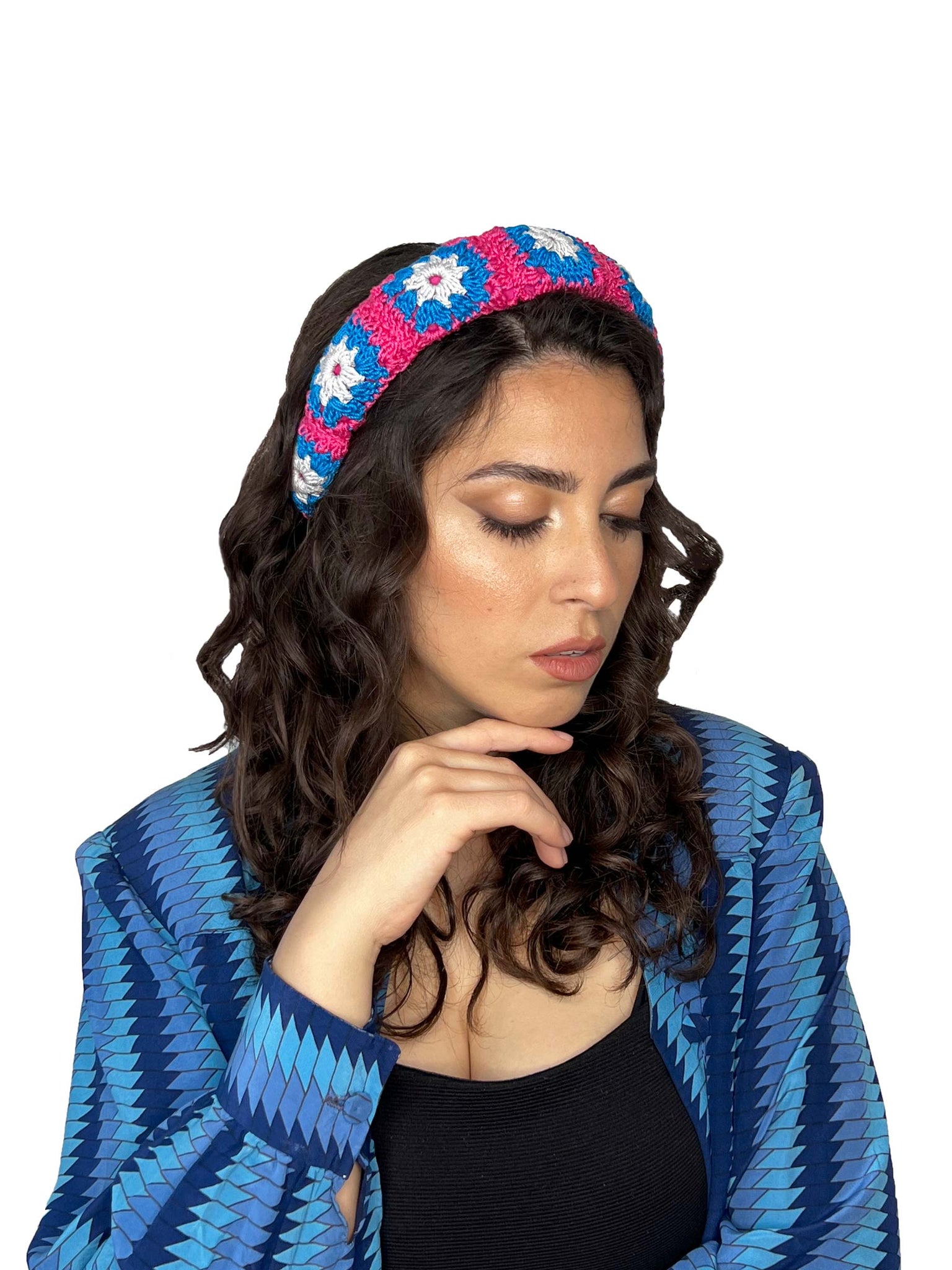 Fuxia and blue crochet padded hairband