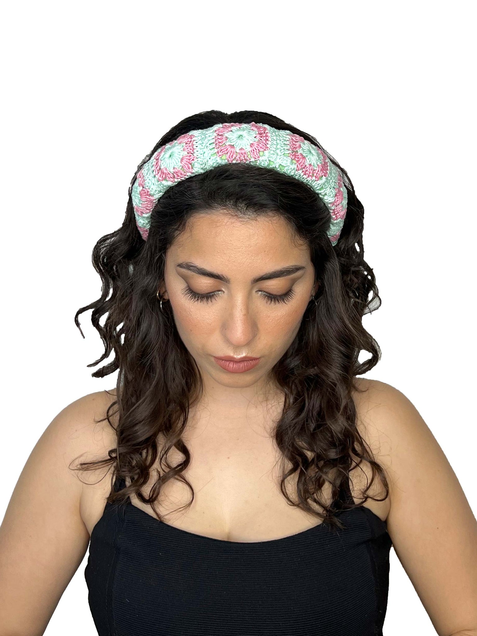 Green mint and pink crochet padded hairband