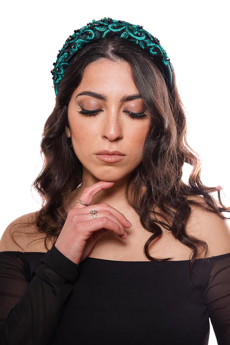 Green velvet padded headband with embroidered lace