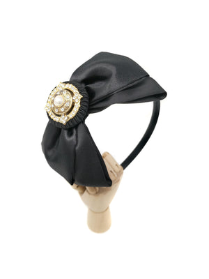 Thin black hairband with double satin bow and vintage button