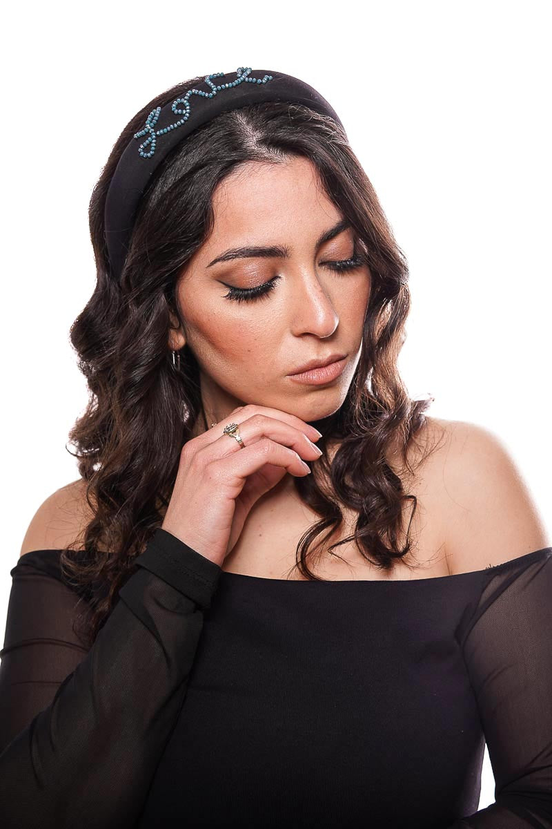Black padded jersey hairband with hand-embroidered "Love" writing