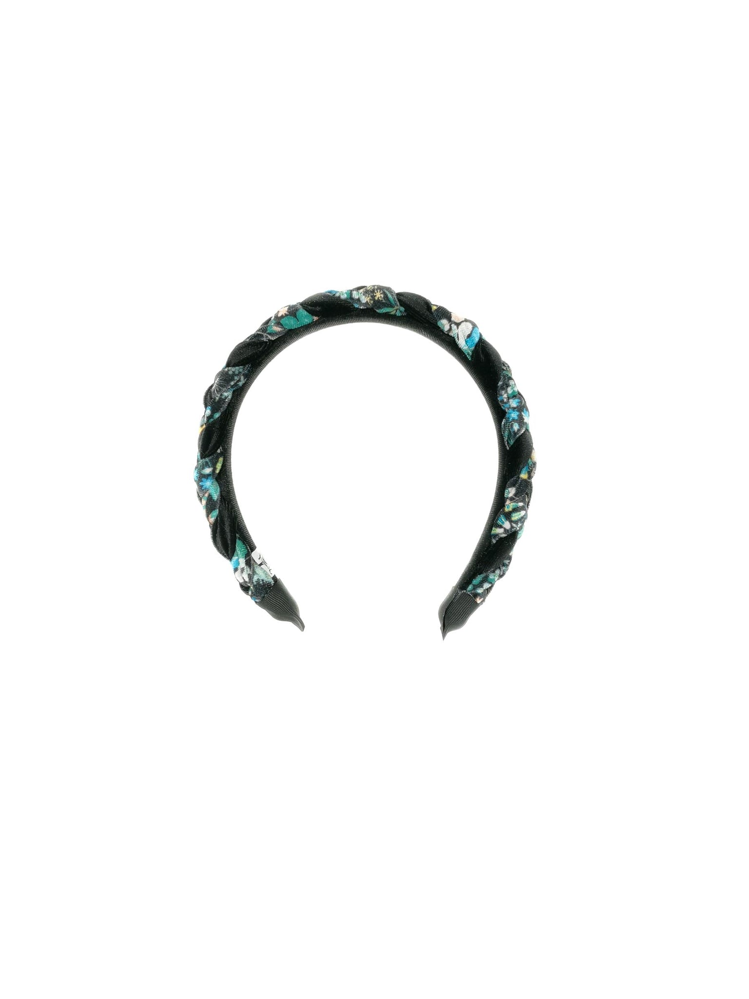 "Mini Frida" hairband in black velvet and green flower pattern