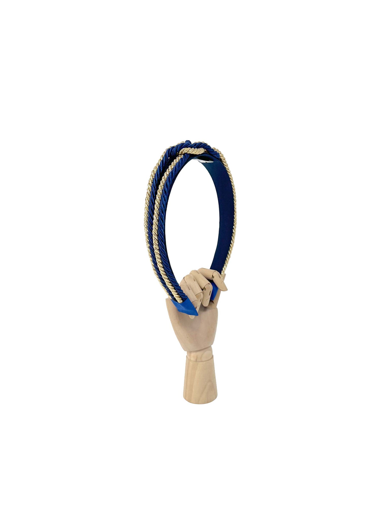 Blue and gold three-strand hairband with central braided knot