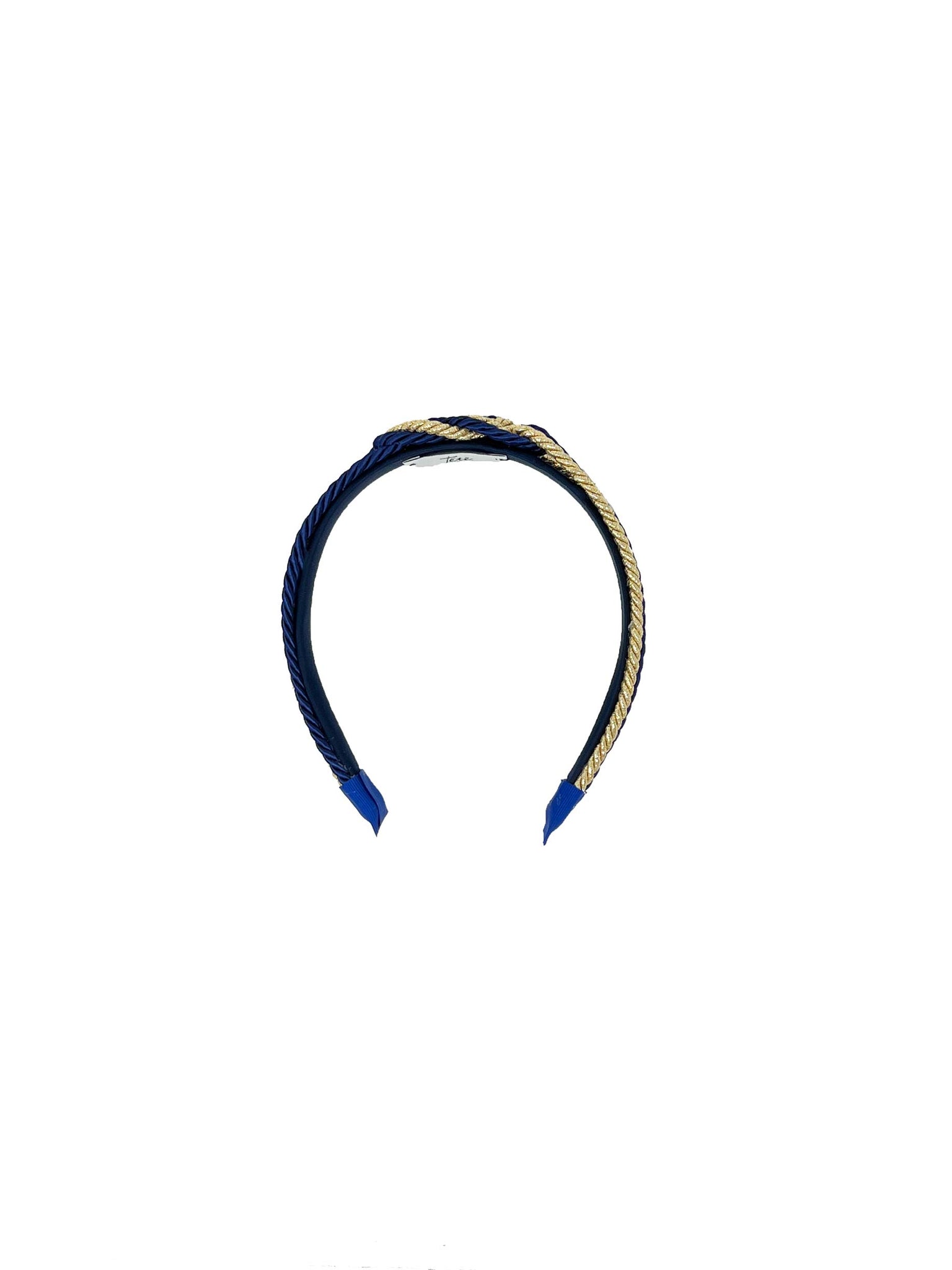 Cerchietto a tre fili blu e oro con nodo intrecciato centrale
