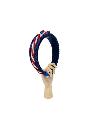 Lanyard headband with simple central knot red blue and silver
