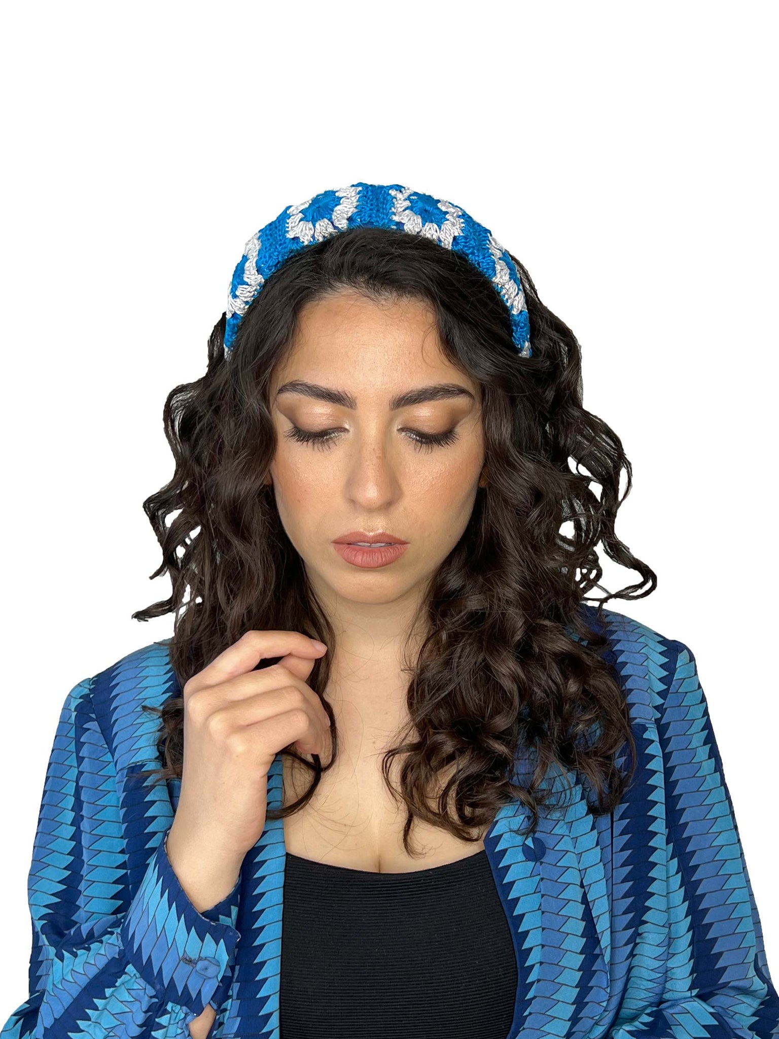 Blue and light grey crochet hairband