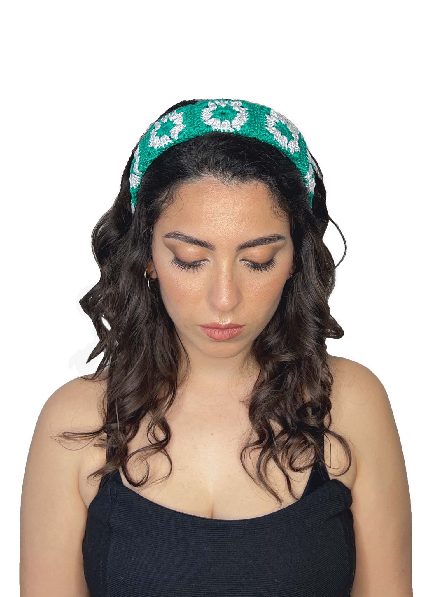 Emerald green and light grey crochet hairband