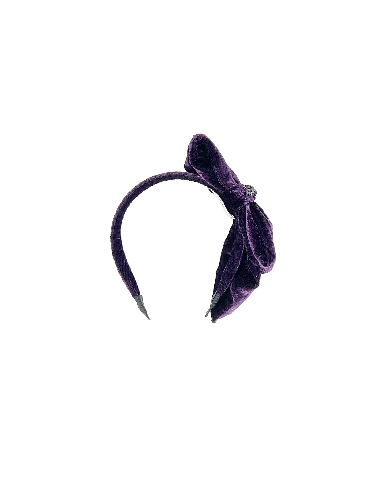 Cerchietto per capelli con fiocco in velluto viola scuro con cristalli