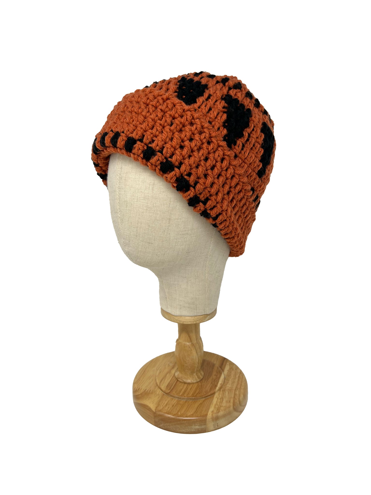 Orange and black wool crochet beanie