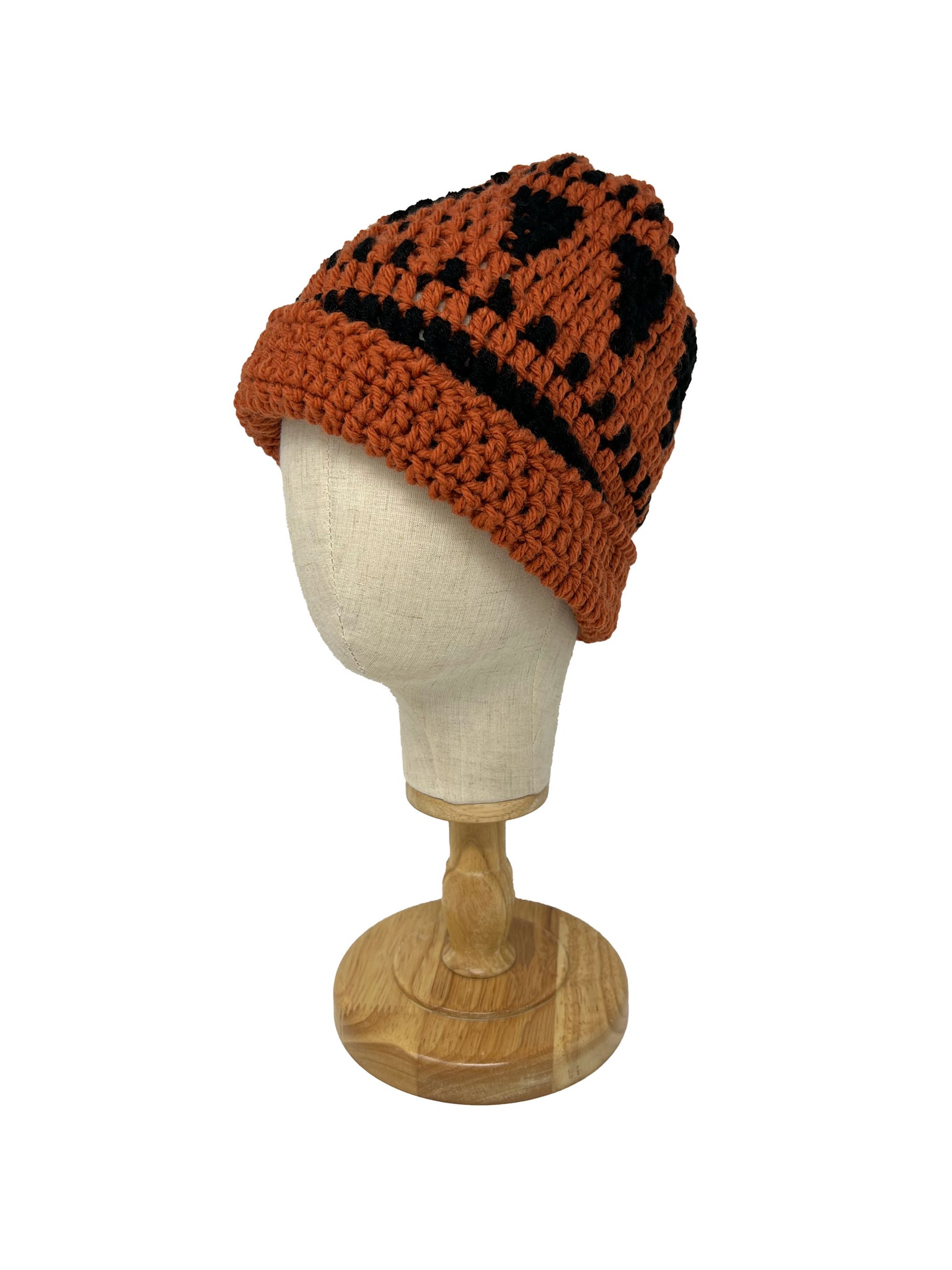 Orange and black wool crochet beanie