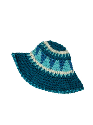 Turquoise and light blue ethnic wool crochet bucket hat