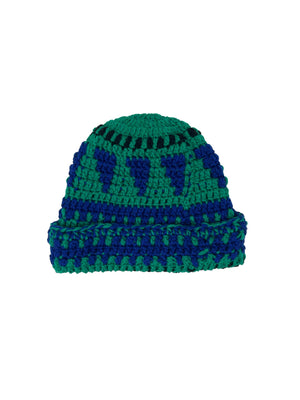 Emerald and blue wool crochet beanie