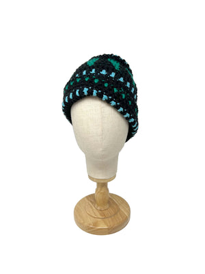 Black emerald green and light blue wool crochet beanie