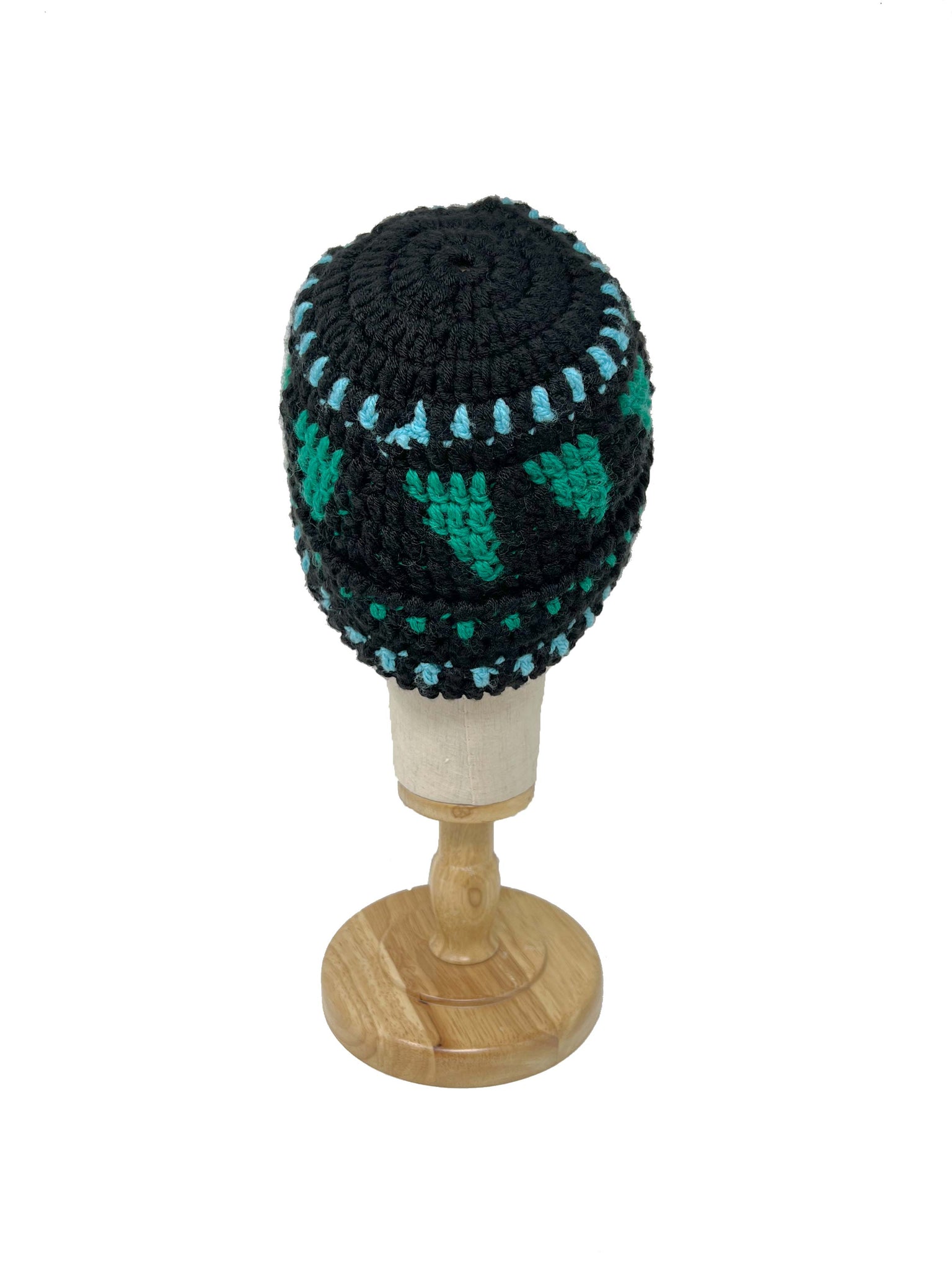 Black emerald green and light blue wool crochet beanie