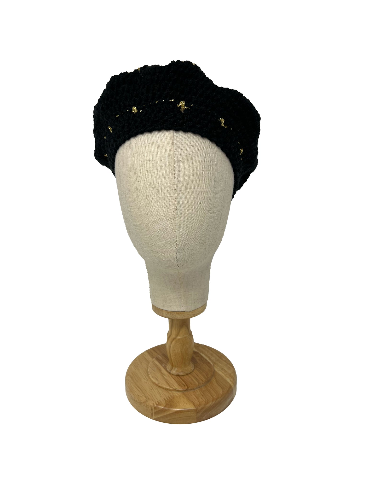 Black and gold wool crochet beret