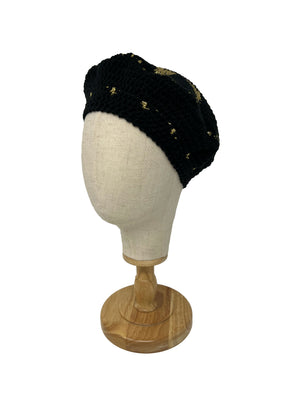 Black and gold wool crochet beret