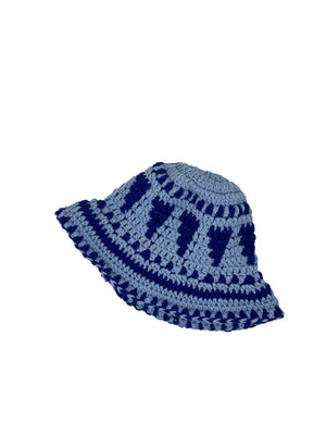 Light blue and eletric blue ethnic wool crochet bucket hat