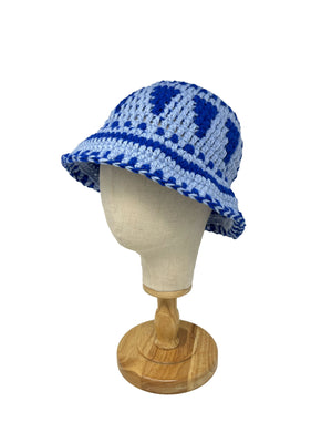 Light blue and eletric blue ethnic wool crochet bucket hat