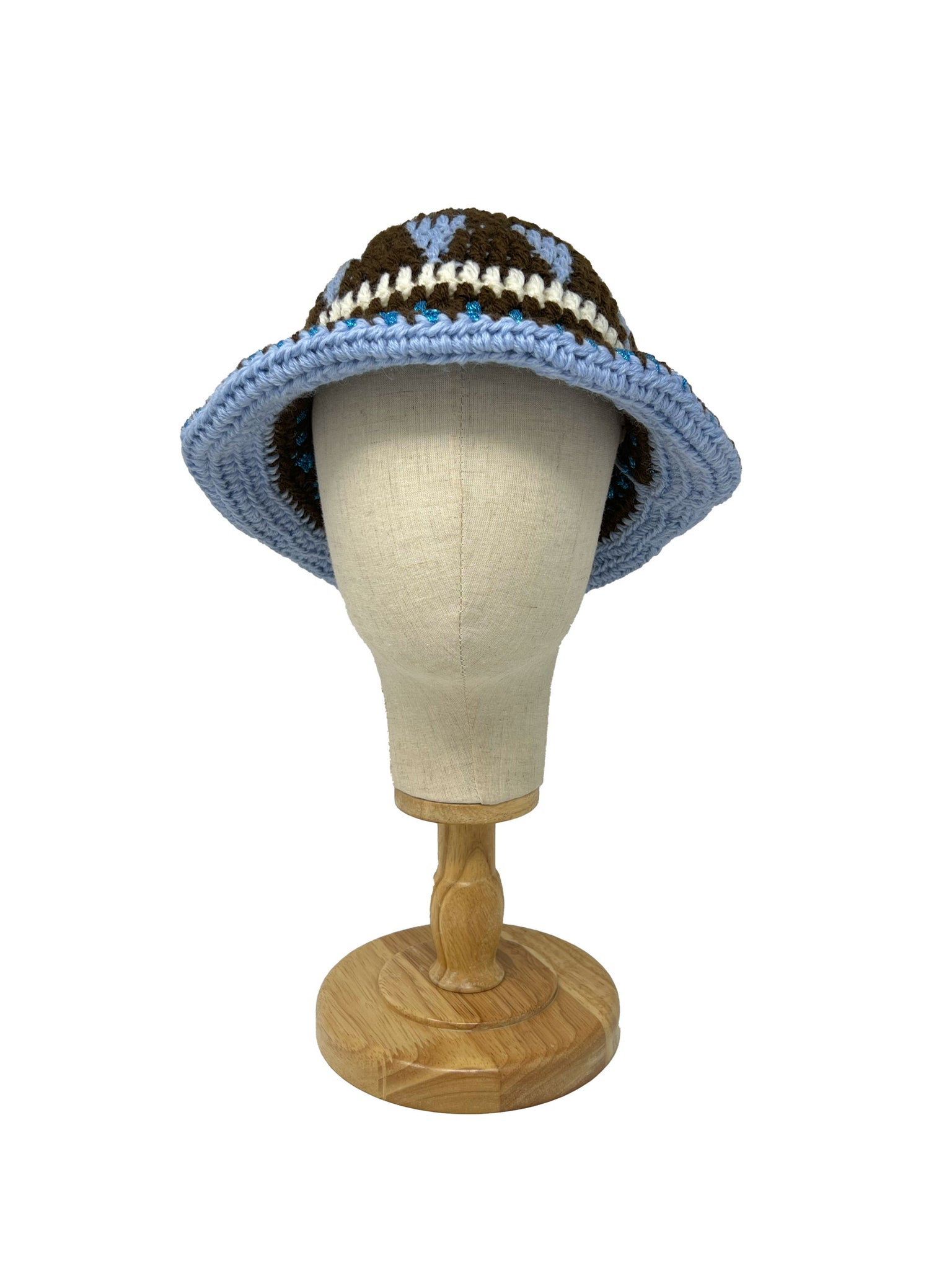 Brown and Light blue ethnic wool crochet bucket hat