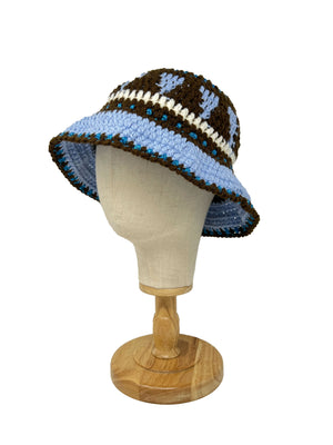 Brown and Light blue ethnic wool crochet bucket hat