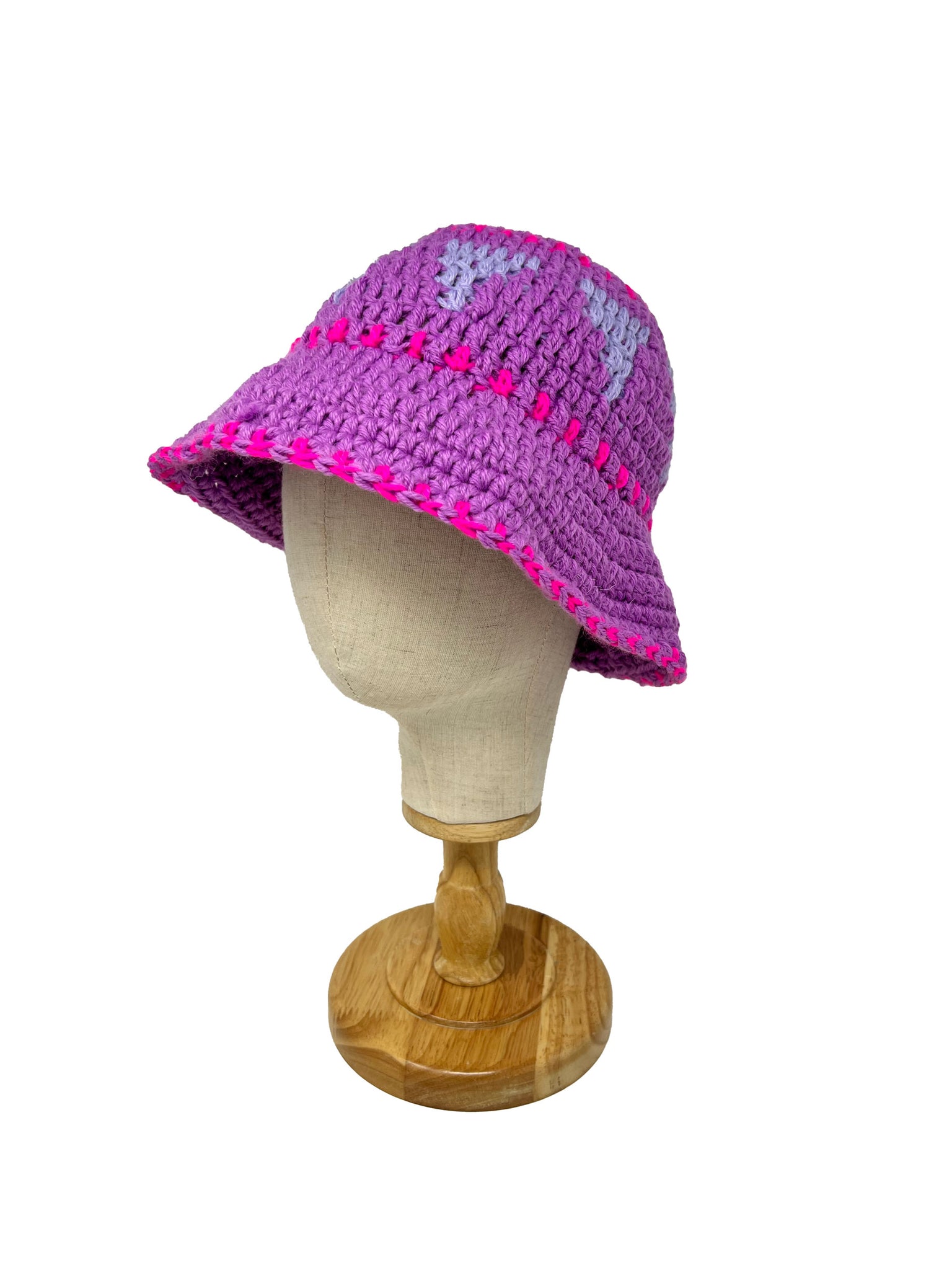 Lilac and fuxia ethnic wool crochet bucket hat