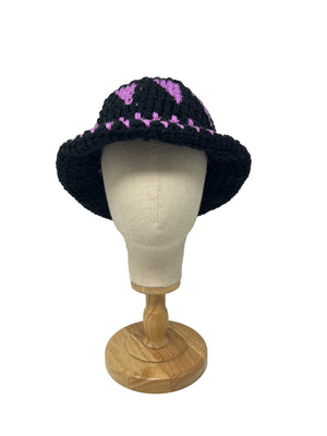 Black and lilac ethnic wool crochet bucket hat