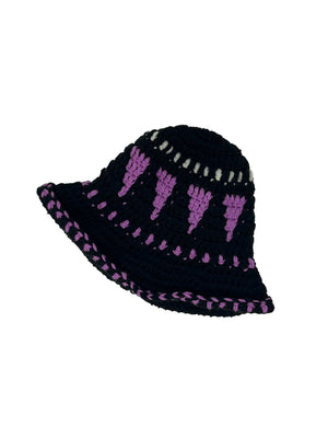 Black and lilac ethnic wool crochet bucket hat